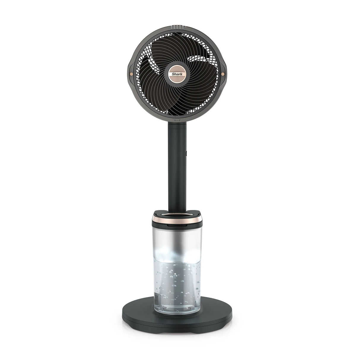 A modern desk fan with a circular black head, a slim black stand, and a clear water reservoir base, shown on a solid white background.